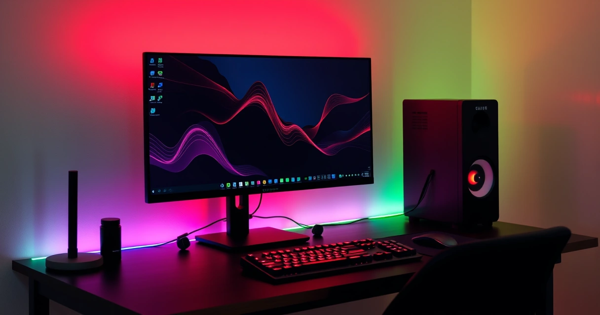 Mesa de jogo com monitor, teclado e iluminação colorida