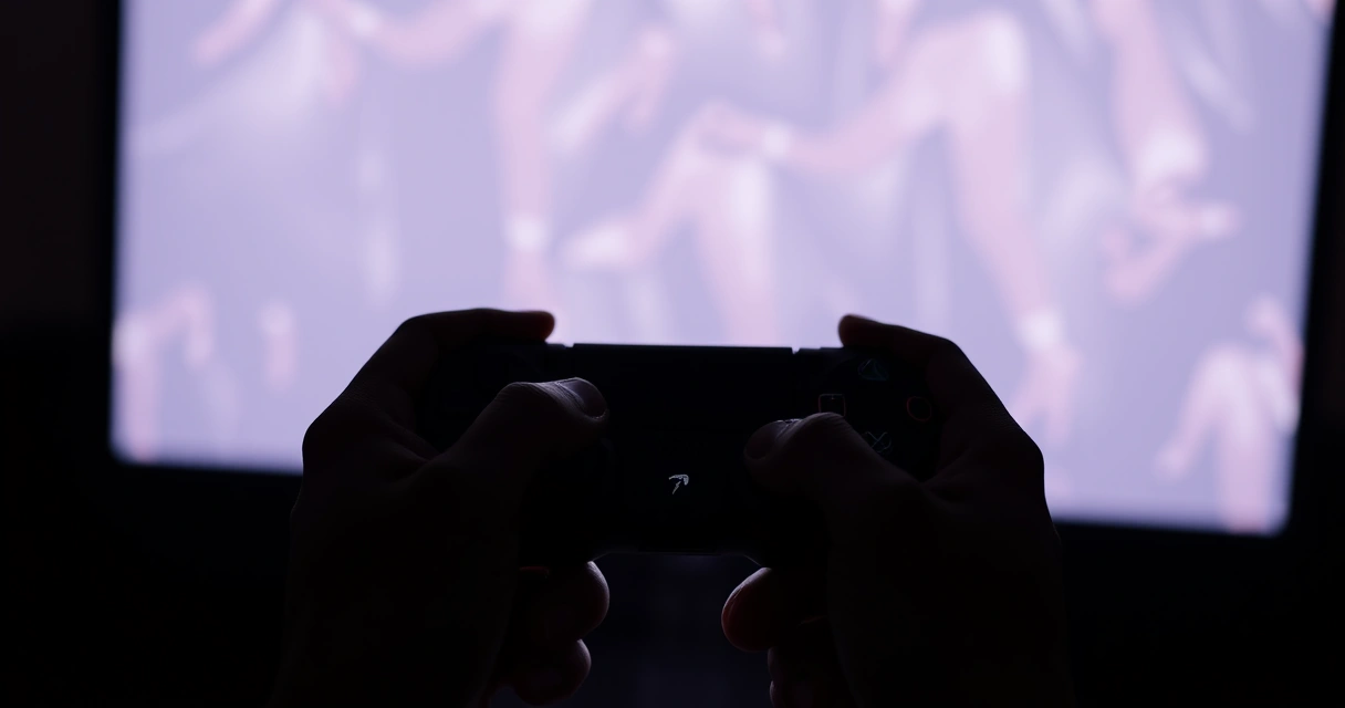 Mãos segurando um controle de videogame num ambiente escuro