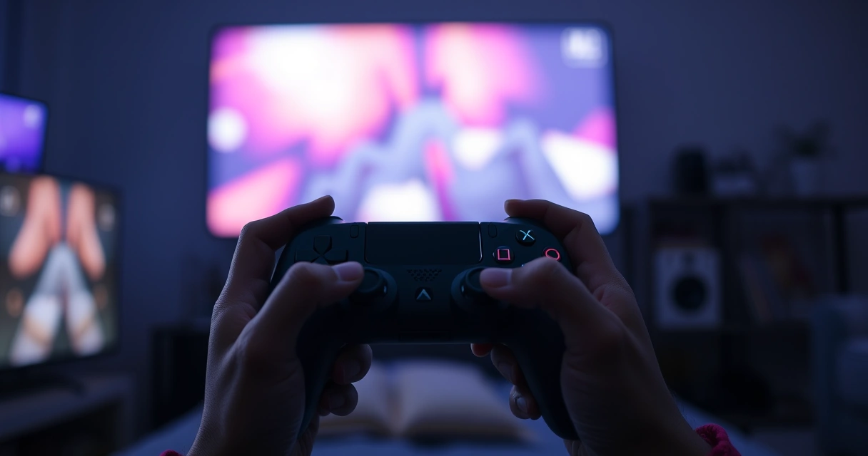 Mãos segurando um controle de videogame, com o brilho da tela ao fundo