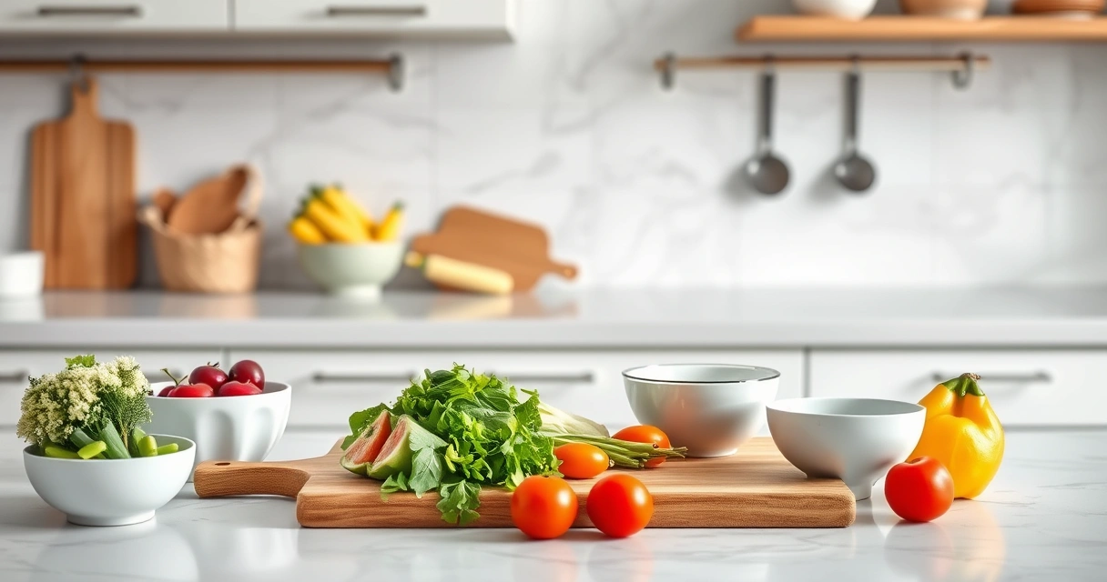 Bancada de cozinha com tábua, tigelas e legumes frescos