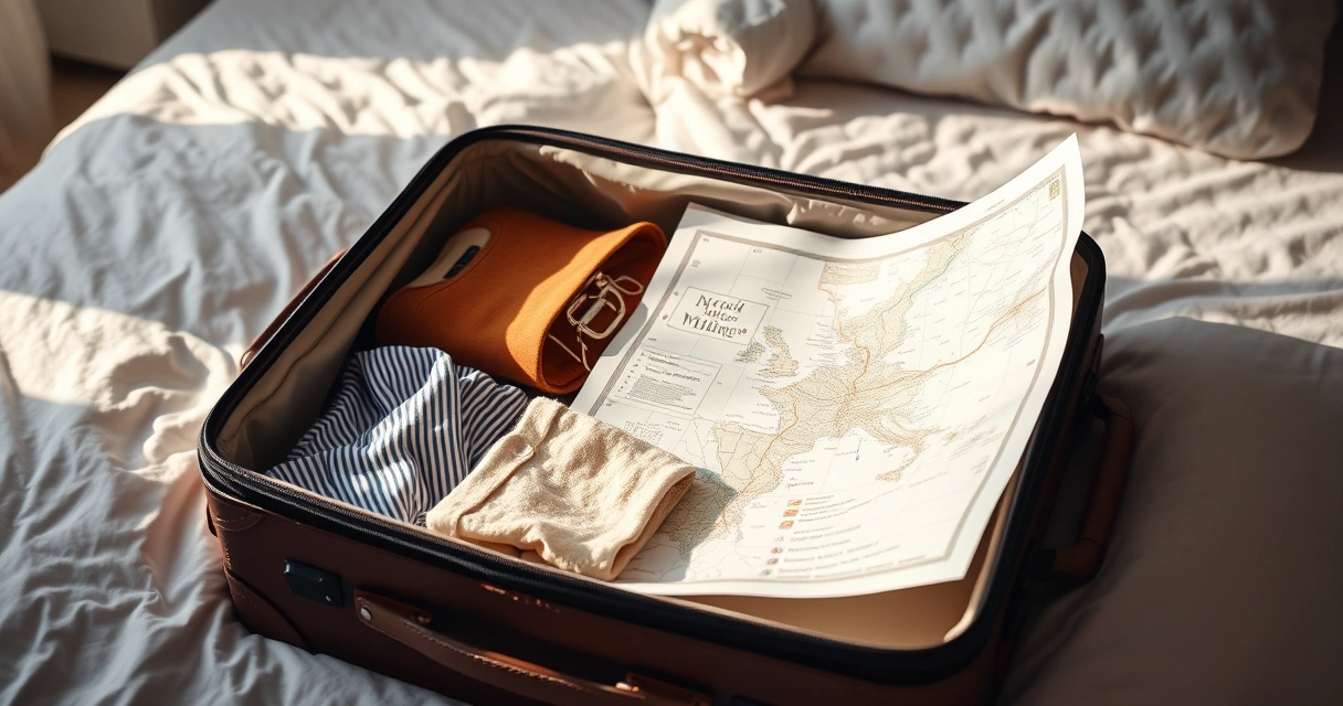 Mala aberta com roupas dobradas e um mapa de papel sobre a cama