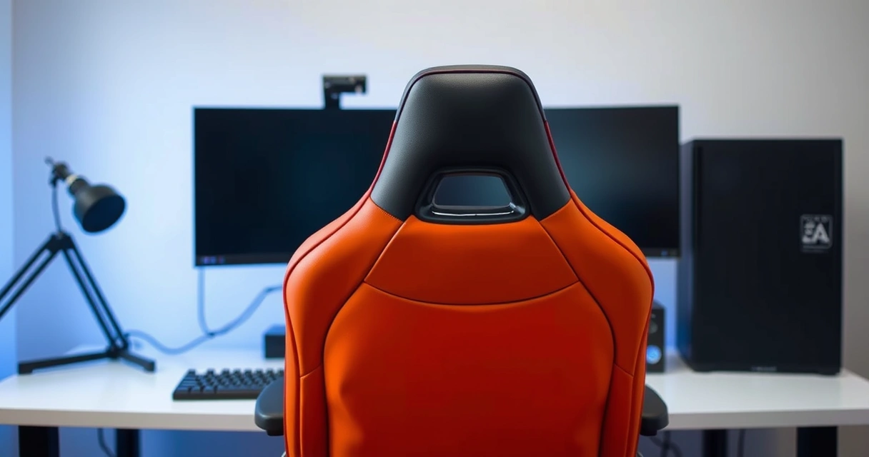 Cadeira gamer diante de uma mesa com dois monitores