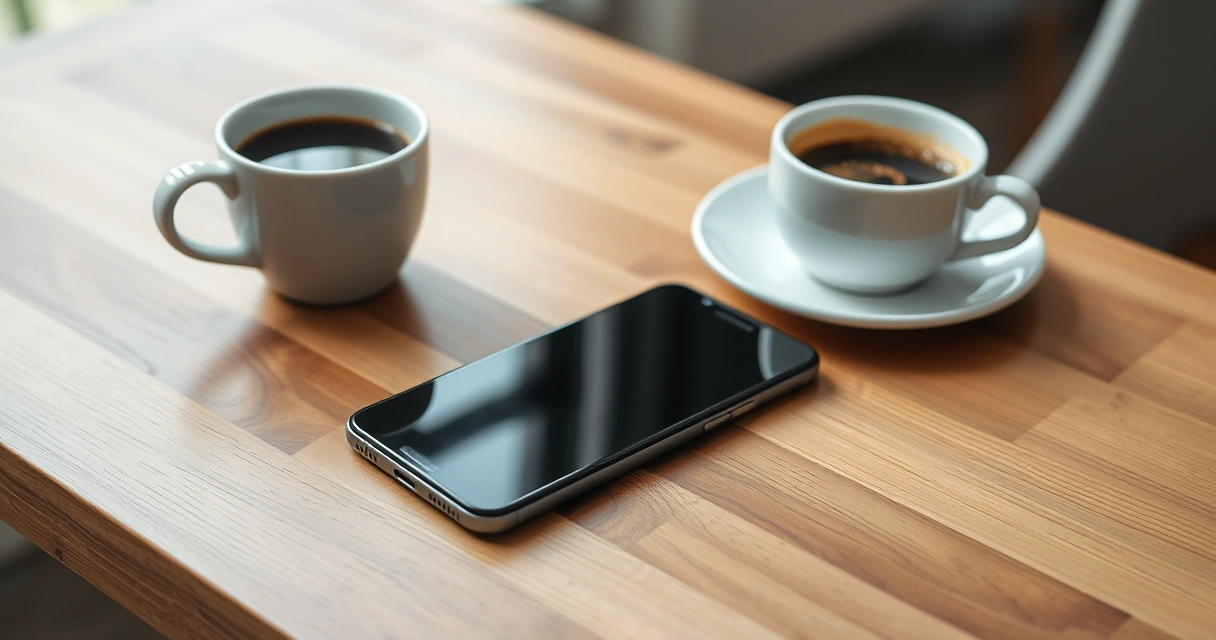 Celular sobre uma mesa de madeira, ao lado de uma xícara de café