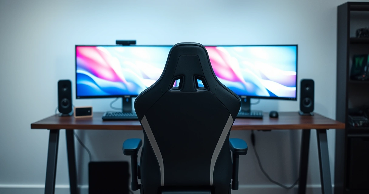 Cadeira gamer diante de uma mesa com dois monitores