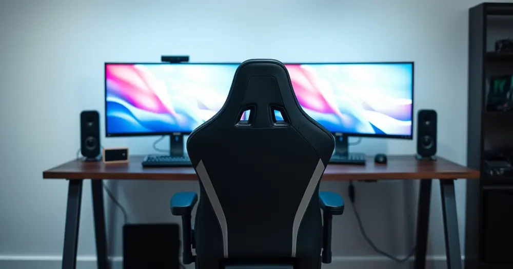 Cadeira gamer diante de uma mesa com dois monitores