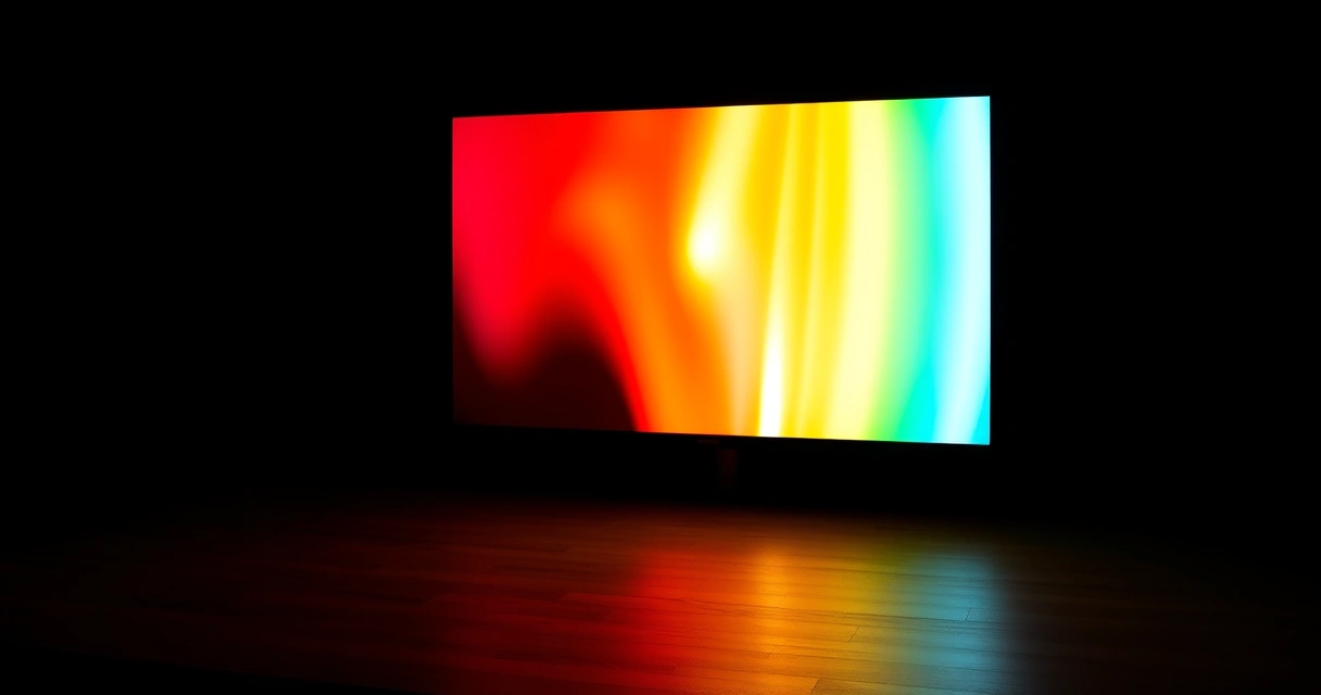 Monitor grande aceso num quarto escuro, com luz colorida