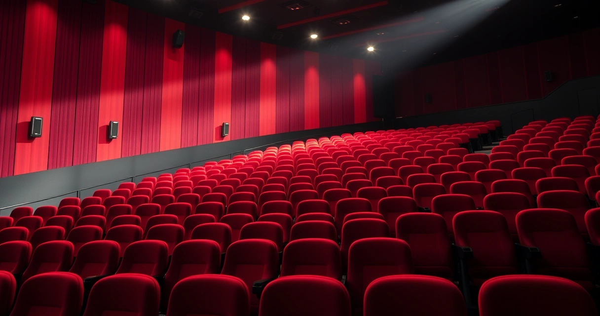 Sala de cinema vazia, com poltronas vermelhas e luz baixa