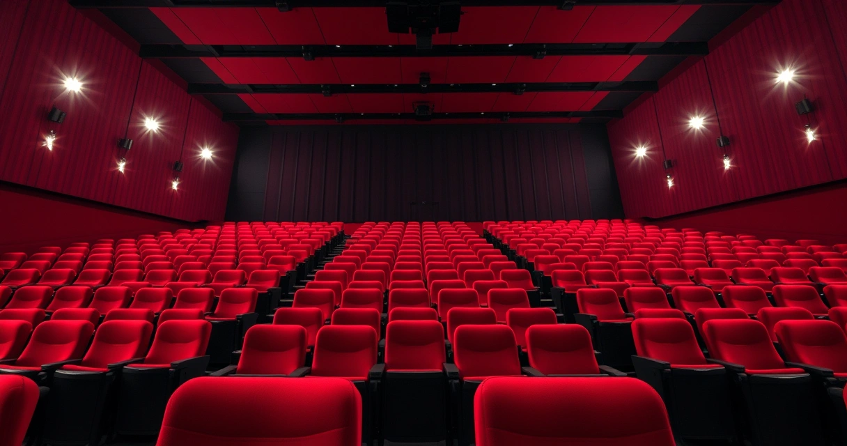 Sala de cinema vazia, com poltronas vermelhas e luz baixa