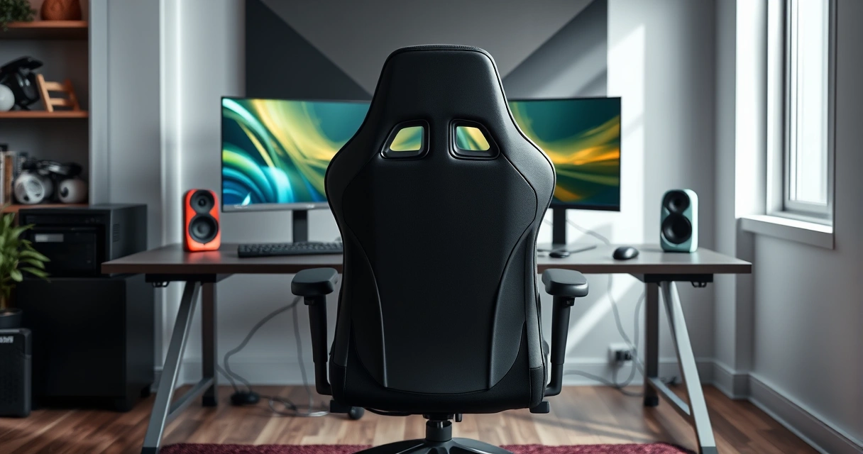 Cadeira gamer diante de uma mesa com dois monitores