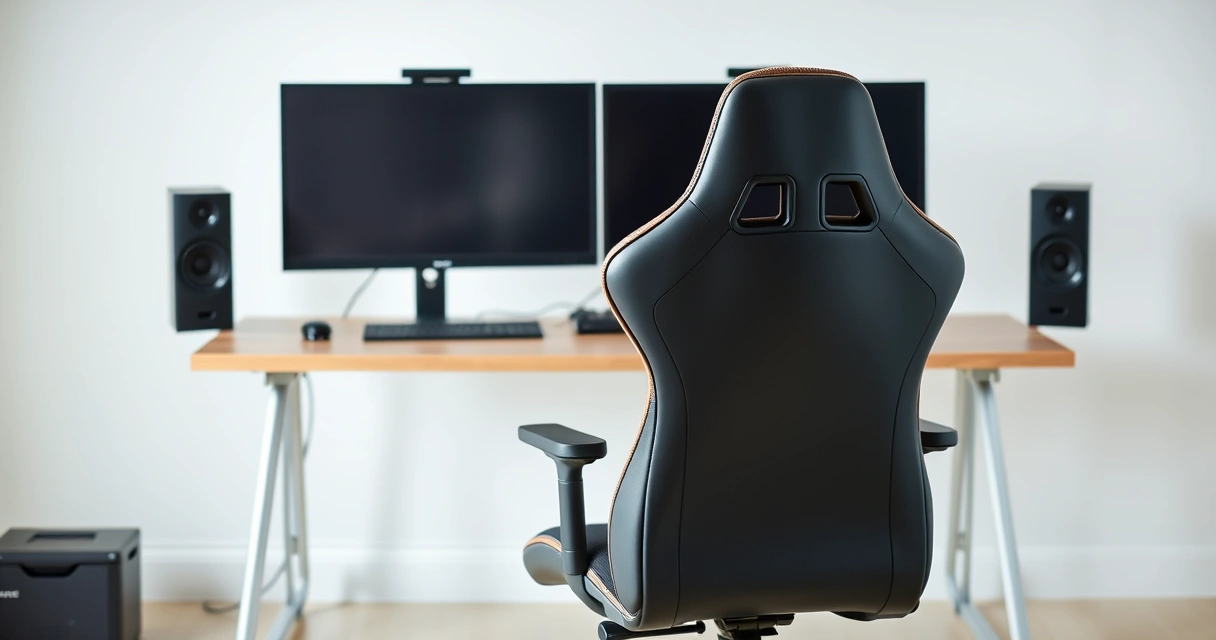 Cadeira gamer diante de uma mesa com dois monitores