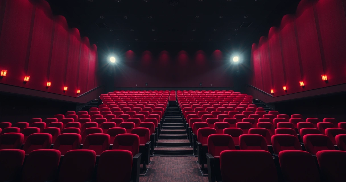 Sala de cinema vazia, com poltronas vermelhas e luz baixa