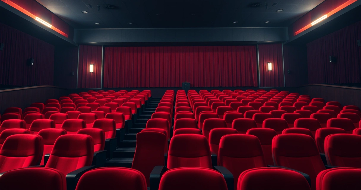 Sala de cinema vazia, com poltronas vermelhas e luz baixa