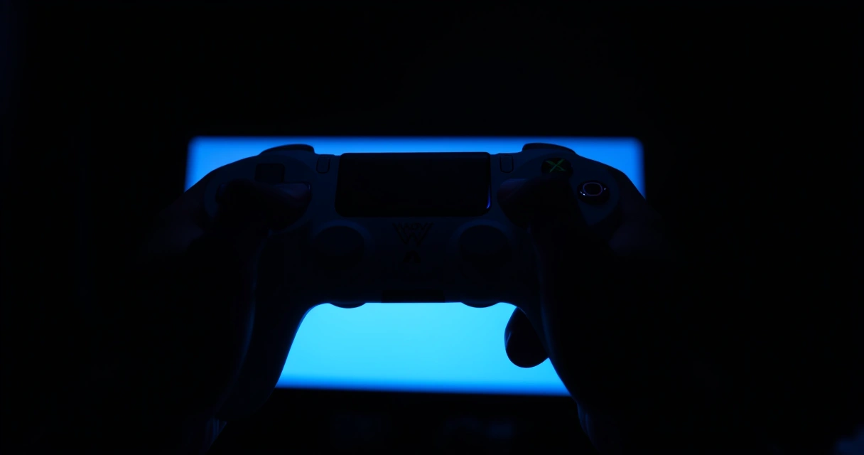 Mãos segurando um controle de videogame num ambiente escuro