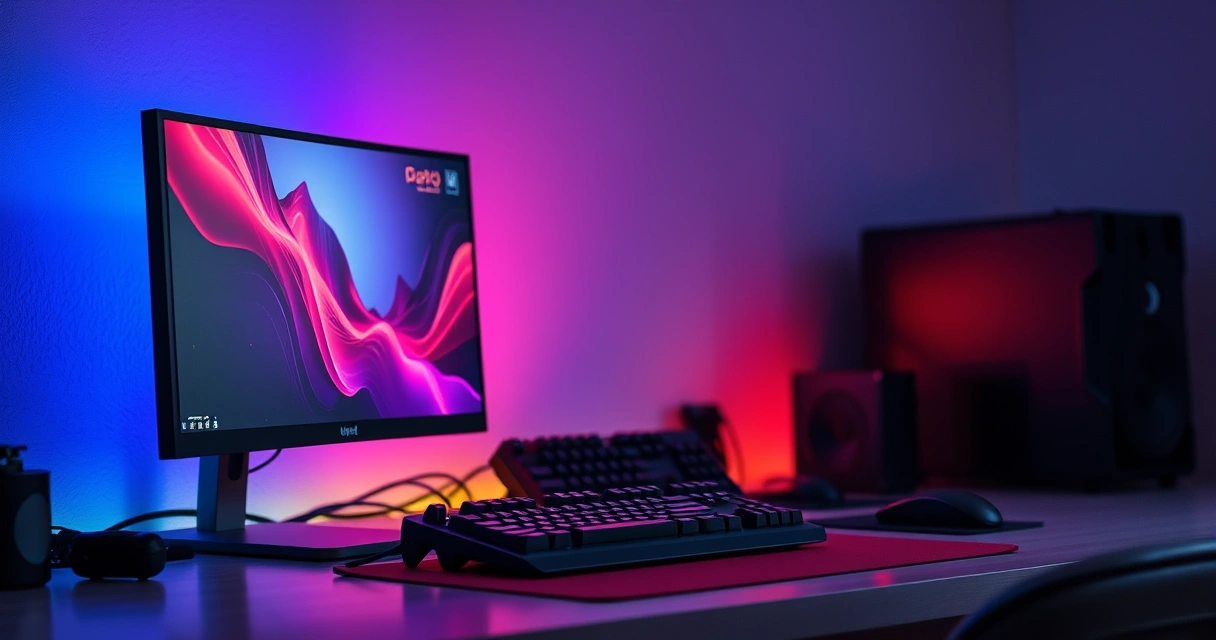 Mesa de jogo com monitor, teclado e iluminação colorida