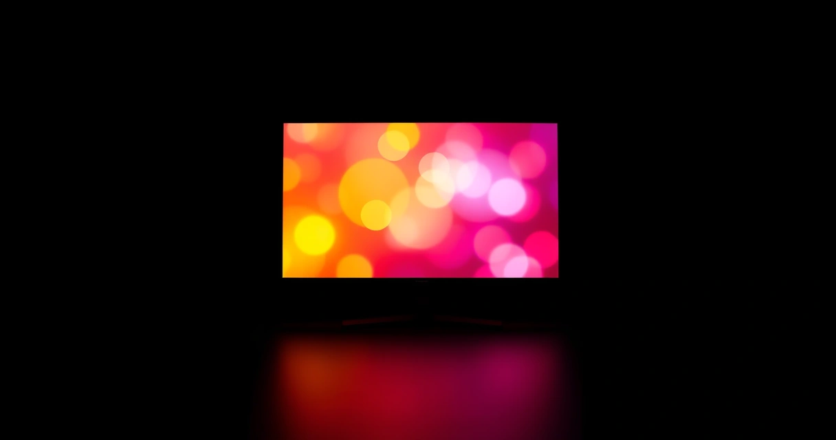 Monitor grande aceso num quarto escuro, com luz colorida