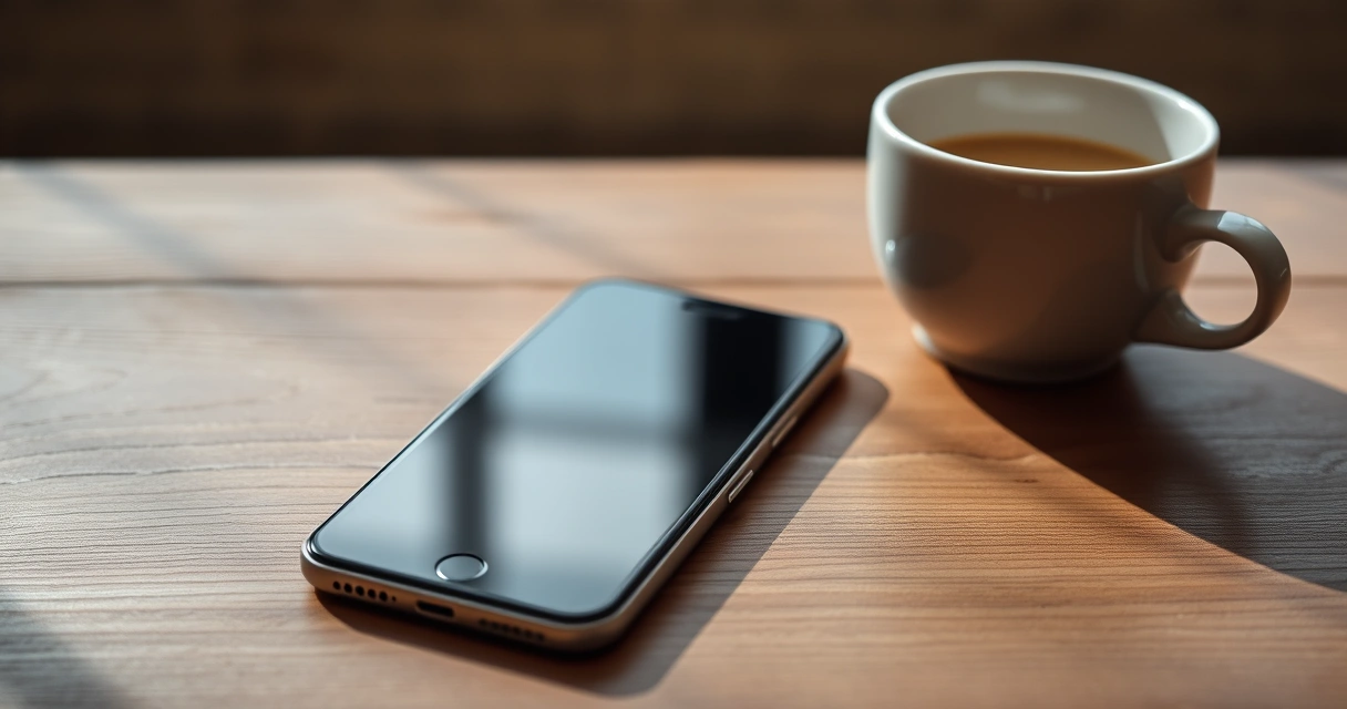 Celular sobre uma mesa de madeira, ao lado de uma xícara de café