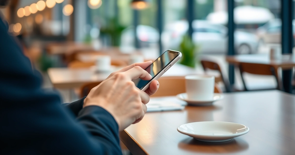 Pessoa segurando um celular na mesa de uma cafeteria