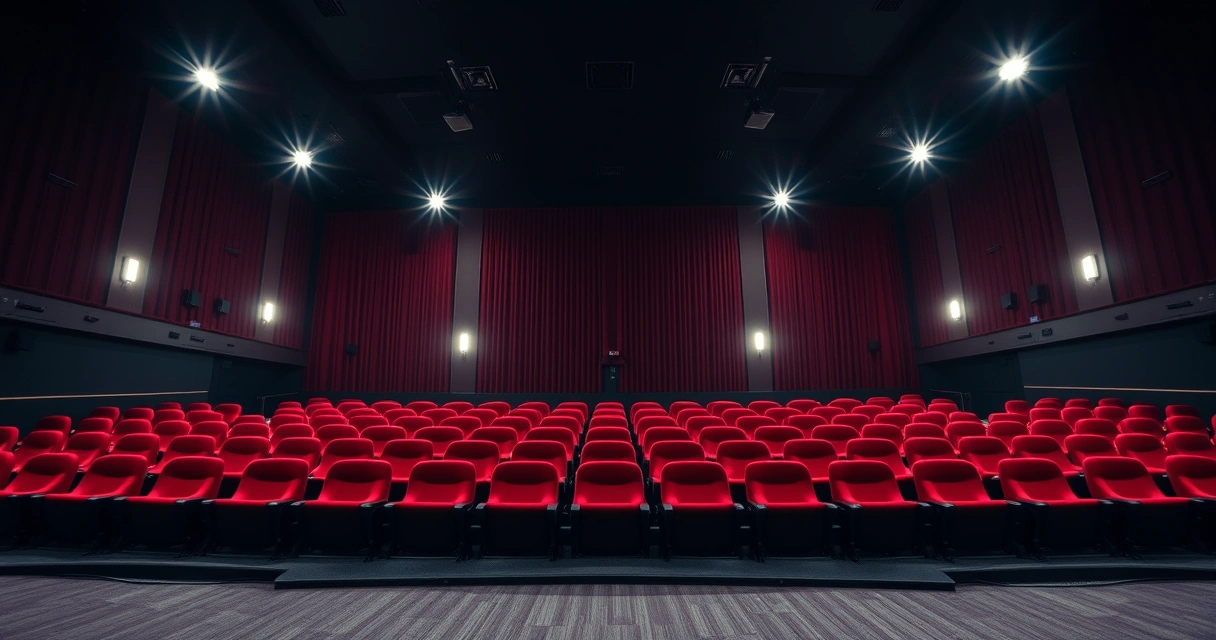 Sala de cinema vazia, com poltronas vermelhas e luz baixa
