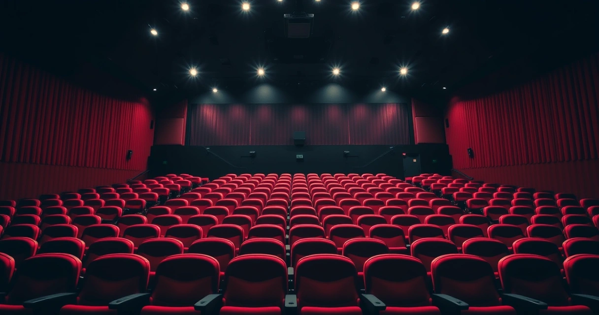 Sala de cinema vazia, com poltronas vermelhas e luz baixa