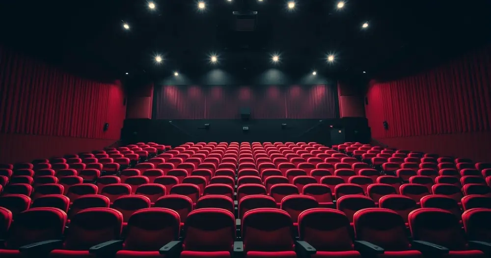 Sala de cinema vazia, com poltronas vermelhas e luz baixa