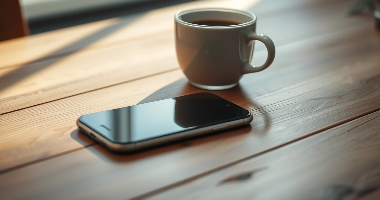 Celular sobre uma mesa de madeira, ao lado de uma xícara de café