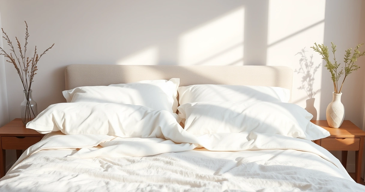 Cama arrumada com roupa de cama clara, num quarto tranquilo