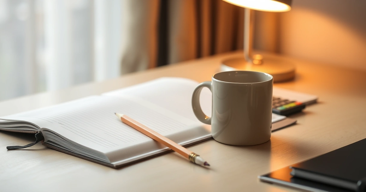 Caderno aberto, lápis e uma caneca sobre a mesa de estudo