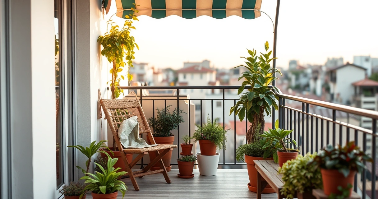 Varanda pequena com plantas em vasos e uma cadeira de madeira