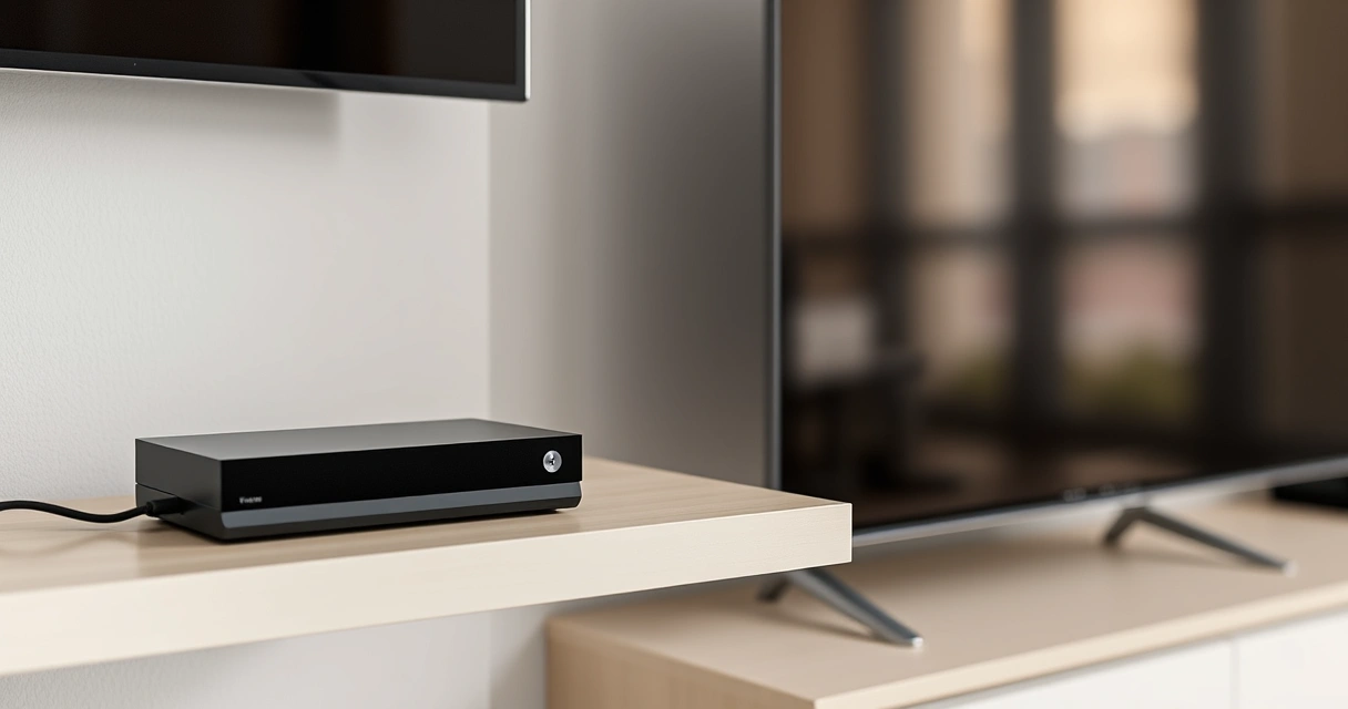 Console de videogame numa estante, ao lado da televisão