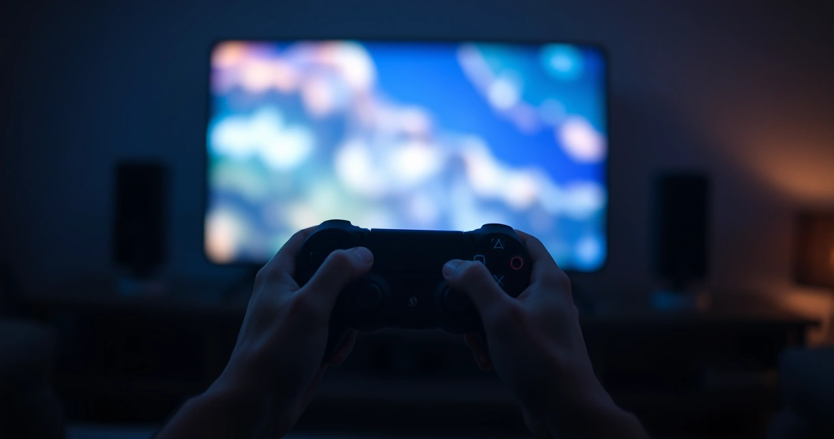 Mãos segurando um controle de videogame, com o brilho da tela ao fundo