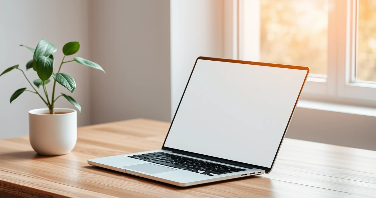 Notebook aberto sobre a mesa, com uma planta ao lado