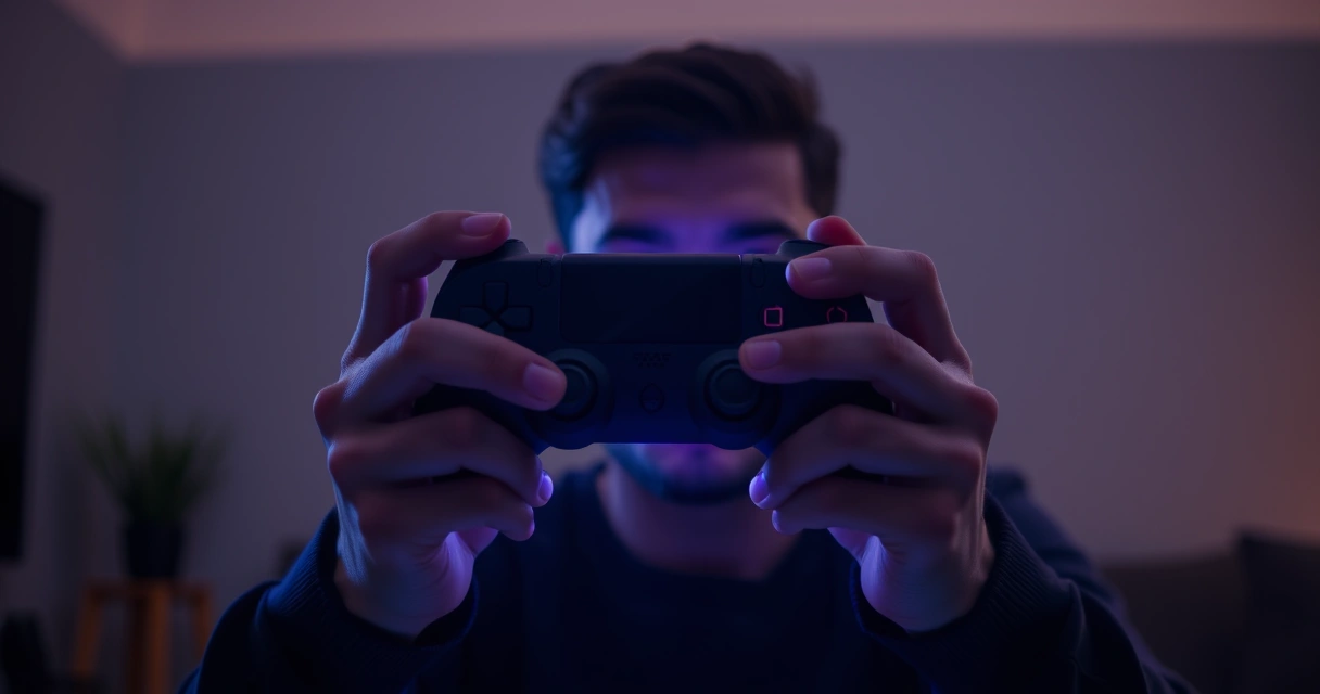 Mãos segurando um controle de videogame, com o brilho da tela ao fundo