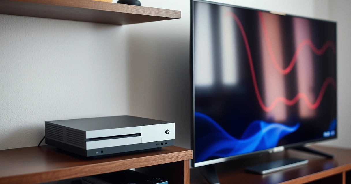 Console de videogame numa estante, ao lado da televisão