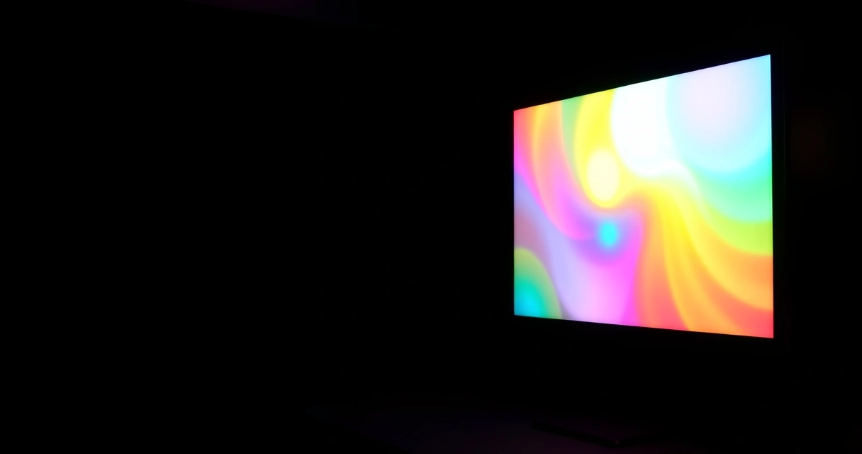 Monitor grande aceso num quarto escuro, com luz colorida