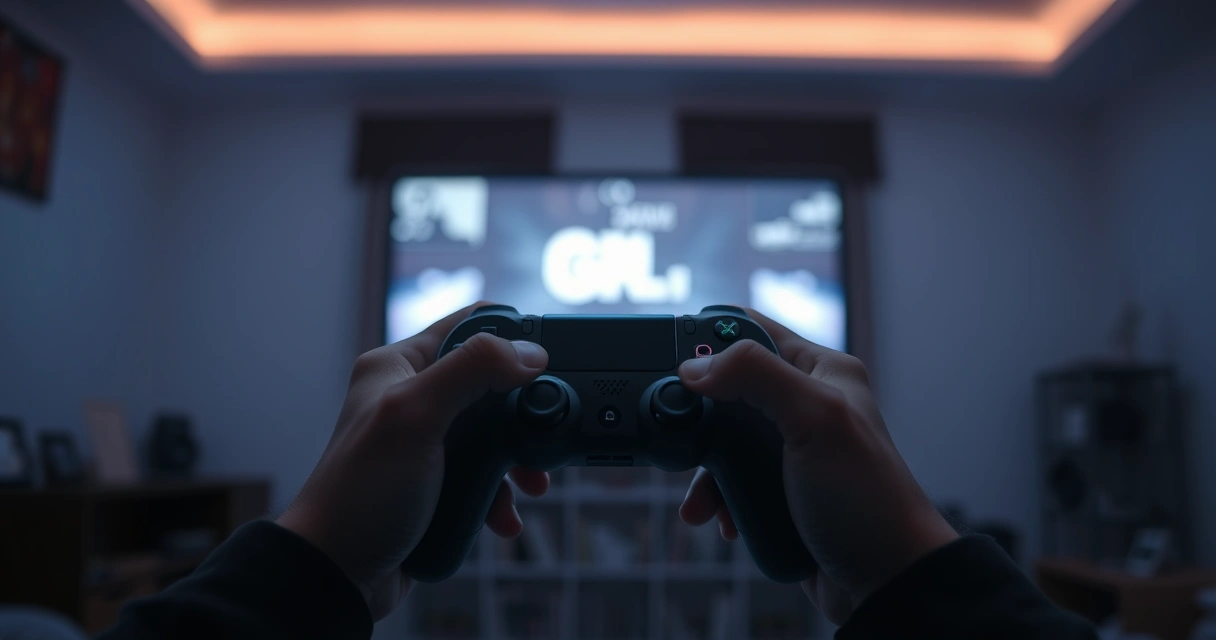 Mãos segurando um controle de videogame, com o brilho da tela ao fundo