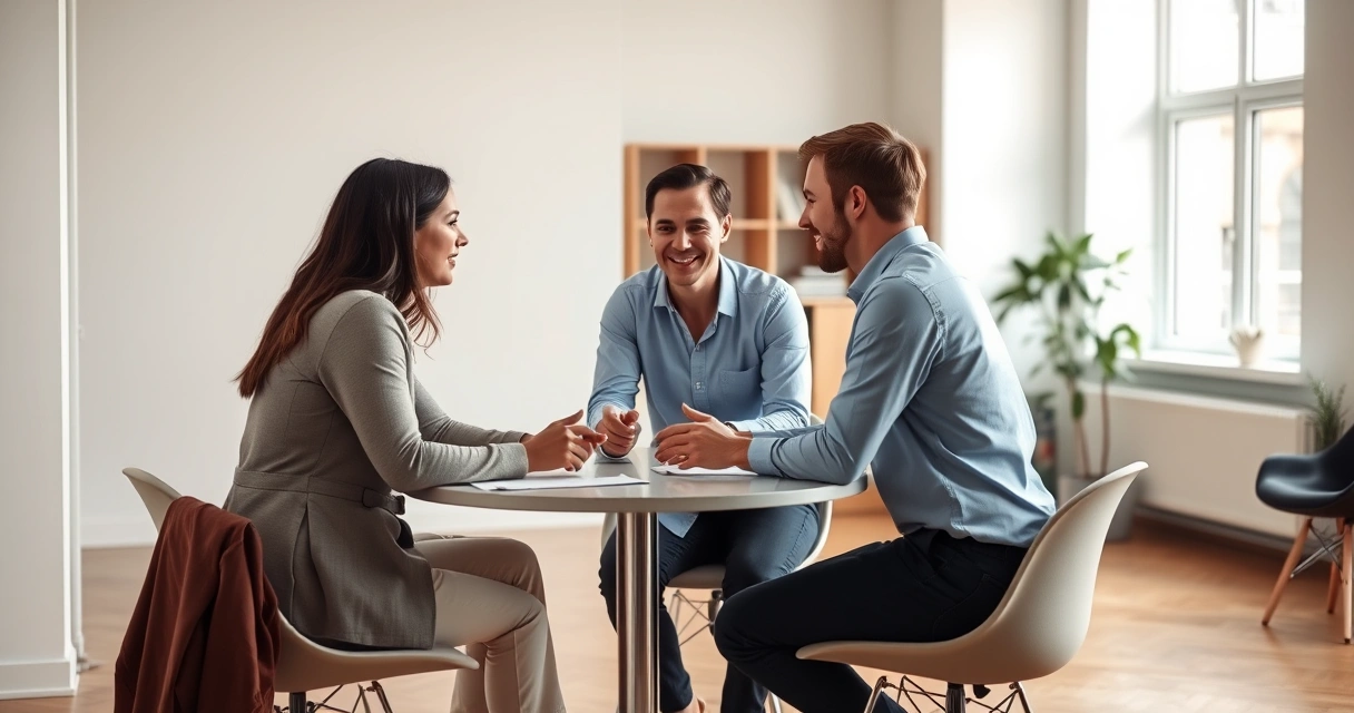 Três pessoas conversando ao redor de uma mesa num escritório claro