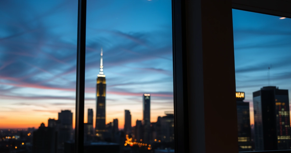 Janela de escritório com vista para a cidade ao anoitecer