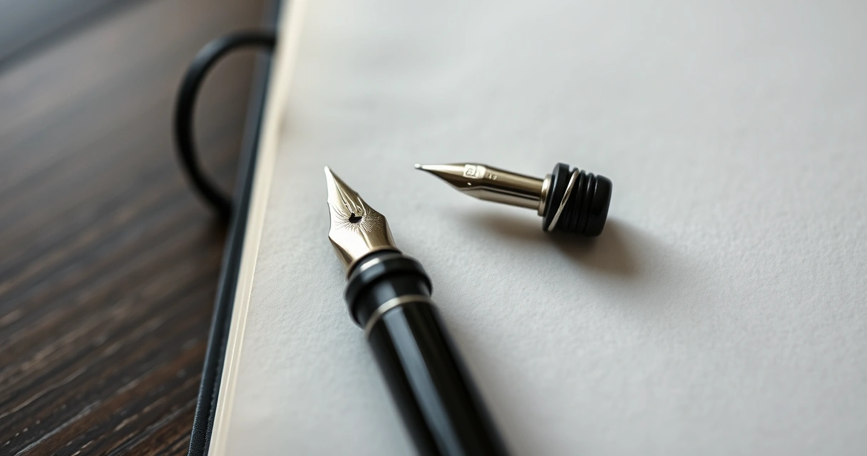 Caneta apoiada sobre um caderno aberto, em close