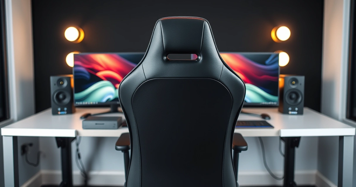 Cadeira gamer diante de uma mesa com dois monitores
