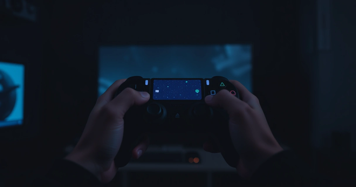 Mãos segurando um controle de videogame num ambiente escuro