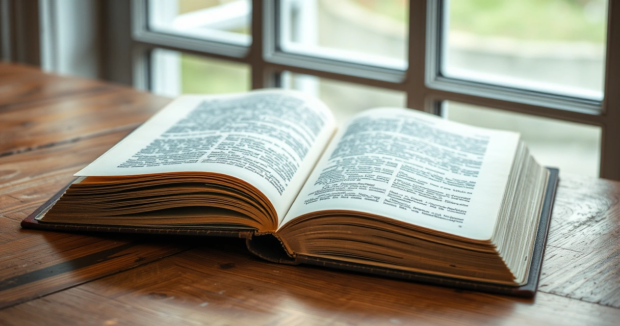 Livro antigo aberto sobre uma mesa de madeira, com luz de janela