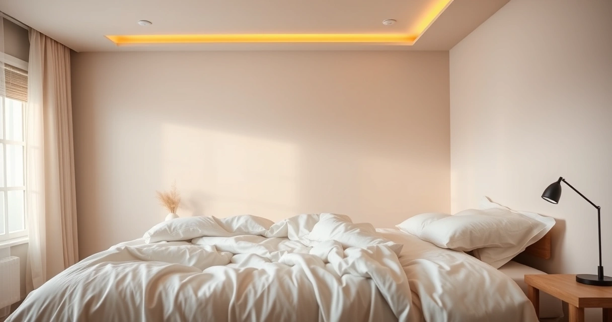 Quarto tranquilo com roupa de cama macia e luz baixa