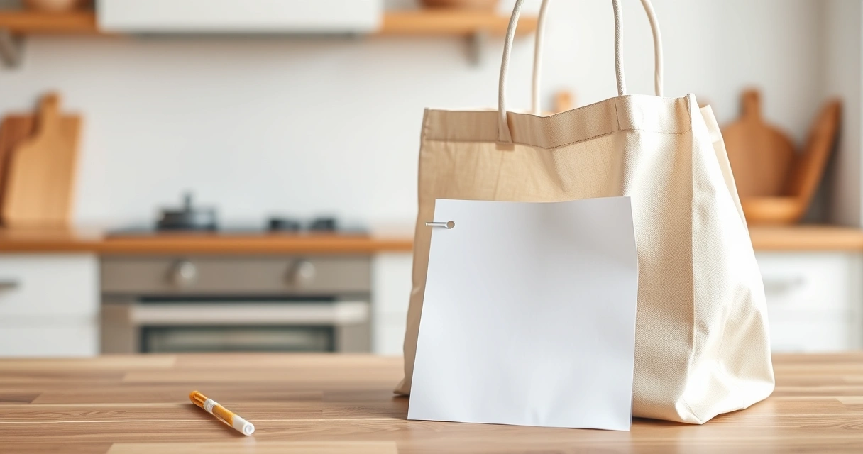 Lista de papel e caneta ao lado de uma sacola na bancada da cozinha