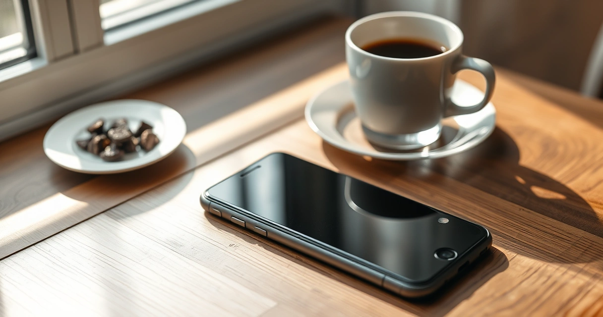 Celular sobre uma mesa de madeira, ao lado de uma xícara de café