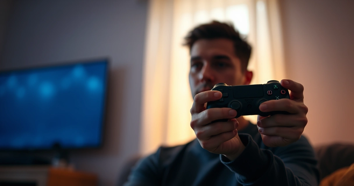 Mãos segurando um controle de videogame, com o brilho da tela ao fundo