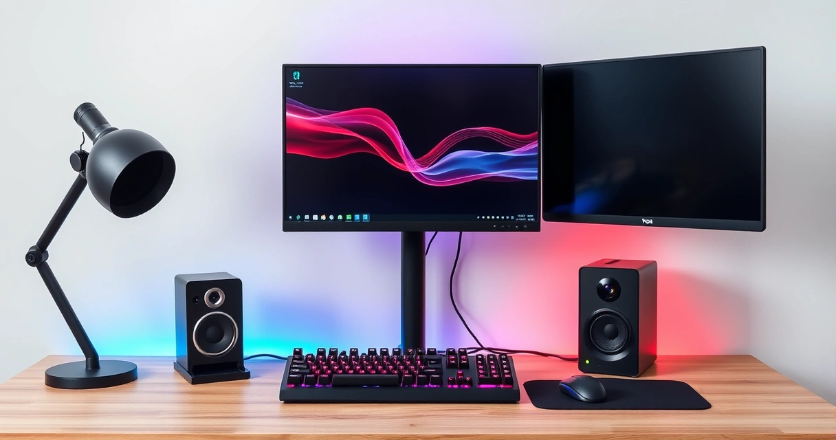 Mesa de jogo com monitor, teclado e iluminação colorida