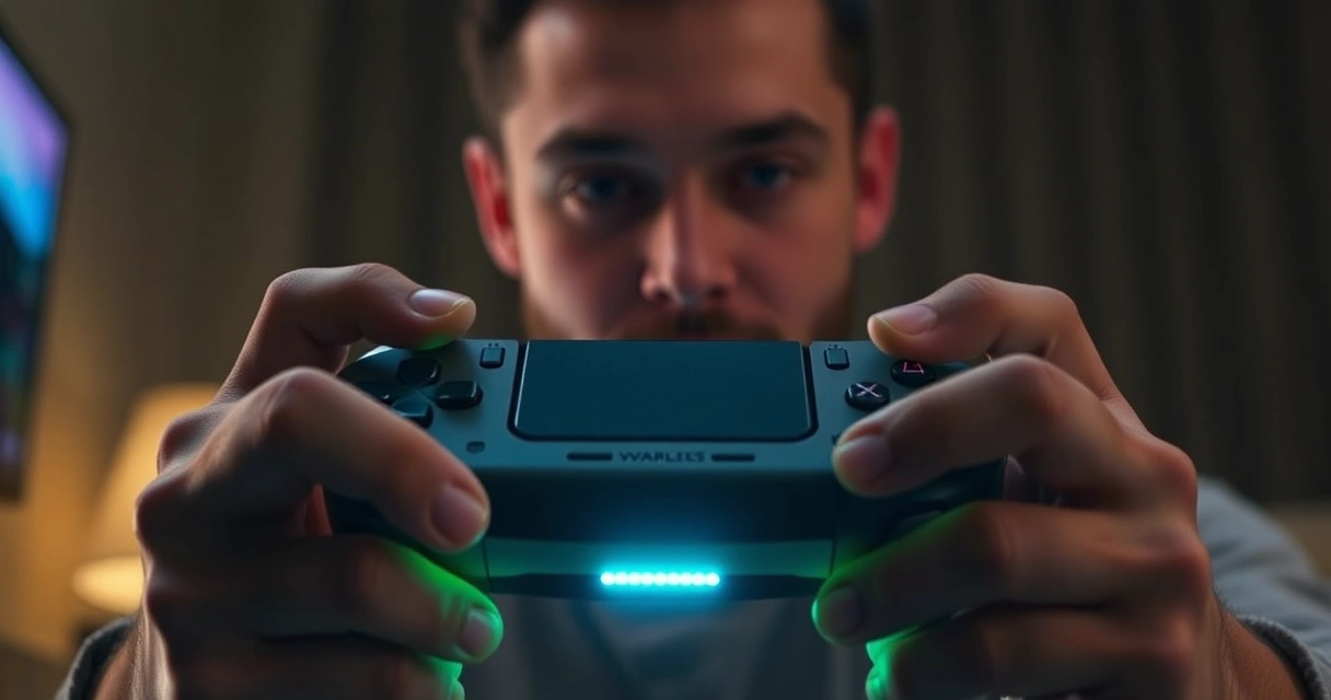Mãos segurando um controle de videogame, com o brilho da tela ao fundo