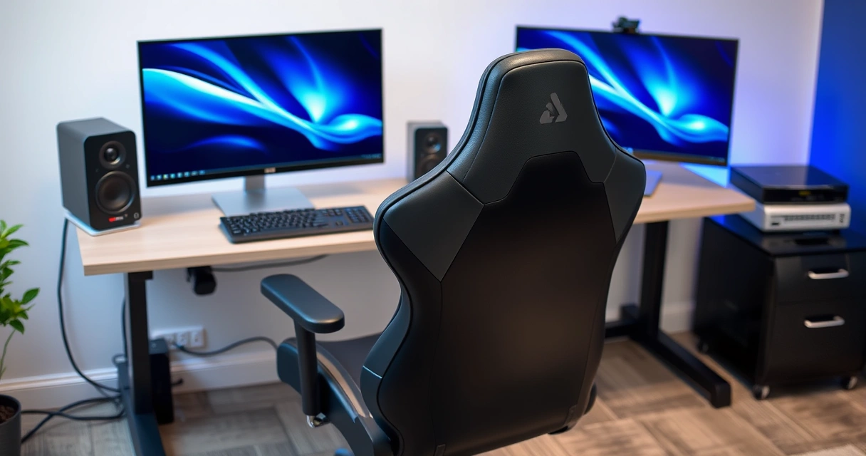 Cadeira gamer diante de uma mesa com dois monitores