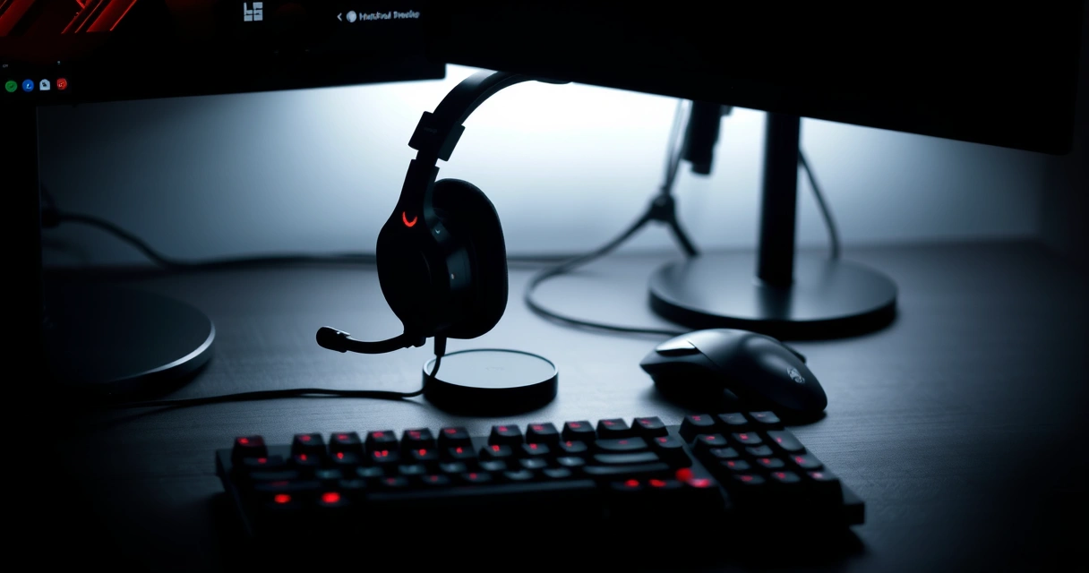 Headset gamer sobre a mesa, ao lado do teclado