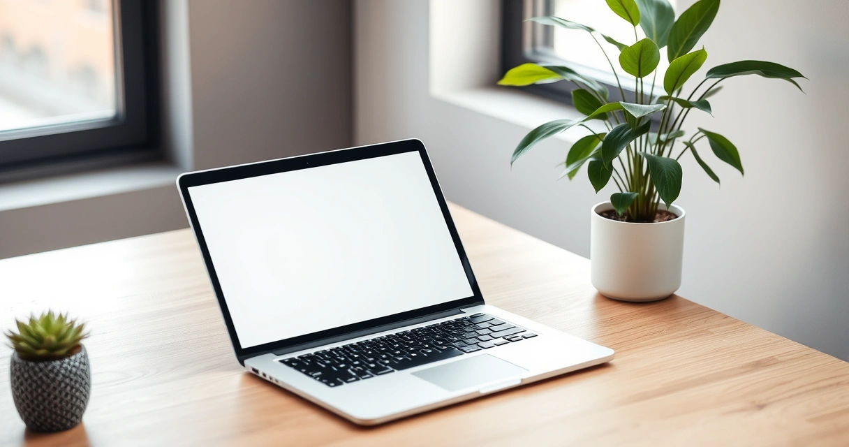 Notebook aberto sobre a mesa, com uma planta ao lado